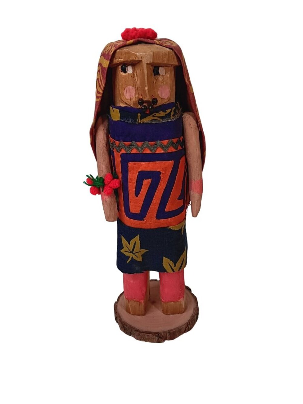 Handcrafted Wooden Tribal Folk Art Doll With Hand-Painted Details & Fabric Dress